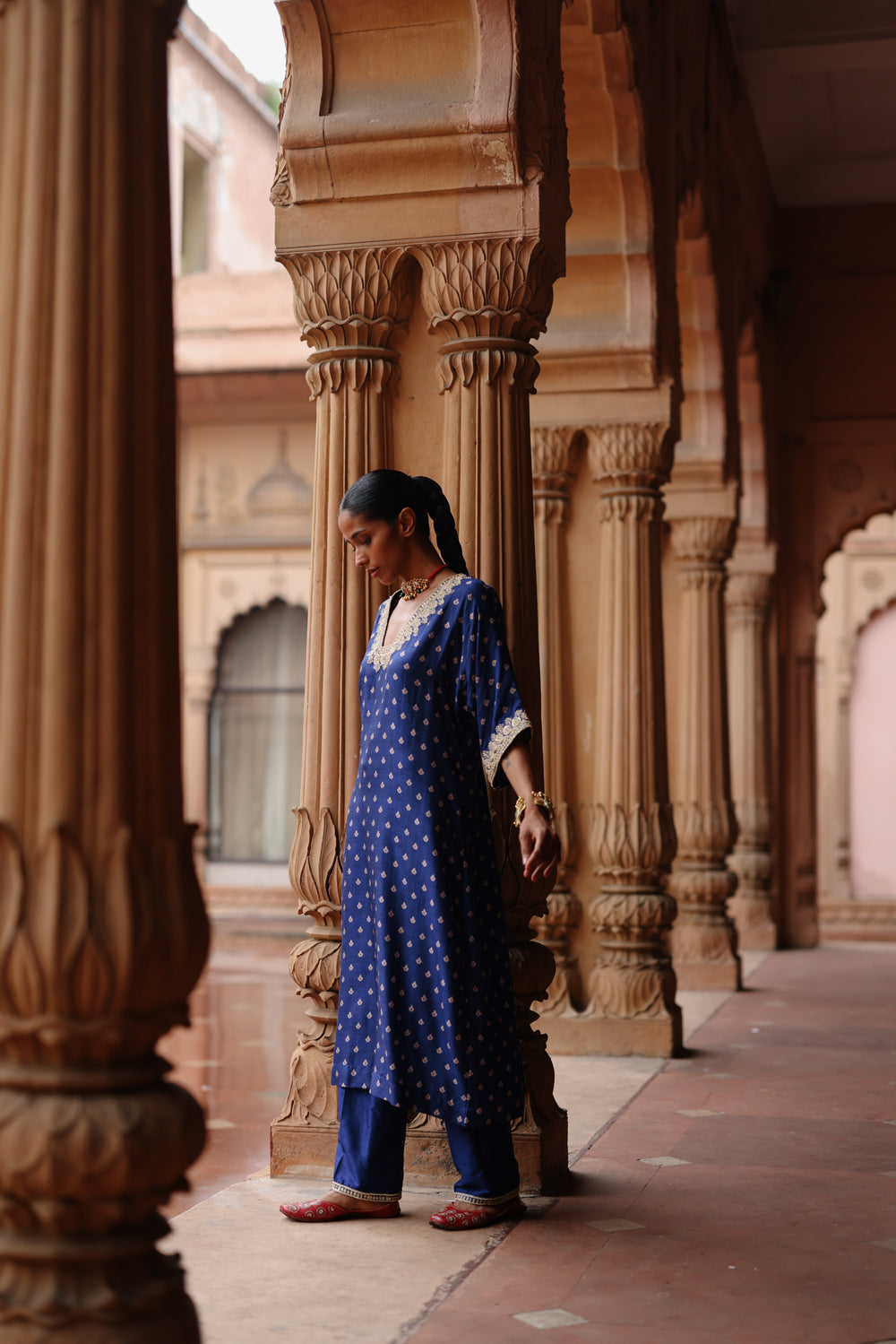 Blue Printed And Hand Embroidered Kurta Set