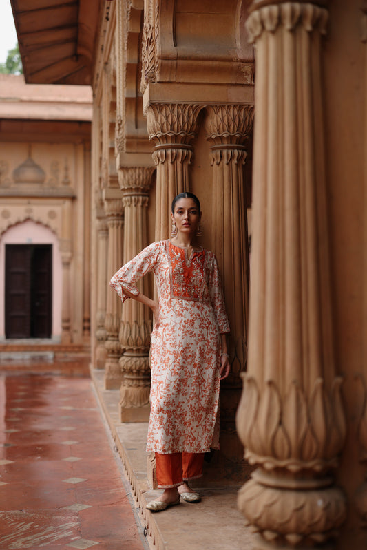 Cream Orange Printed And Hand Embroidered Kurta Set