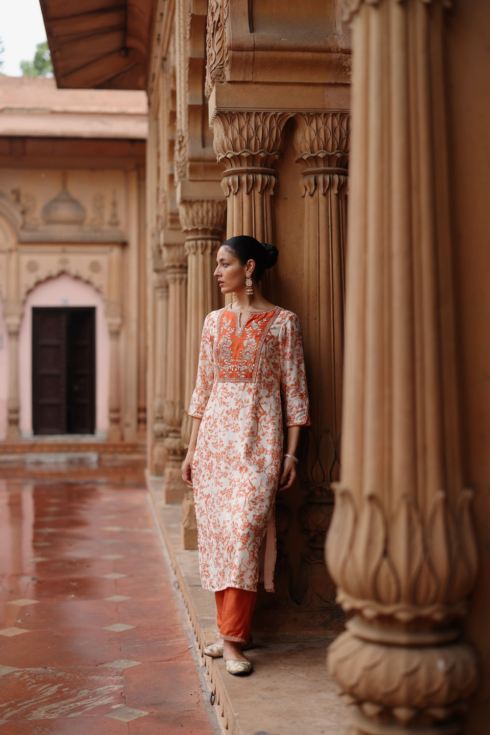 Cream Orange Printed And Hand Embroidered Kurta Set