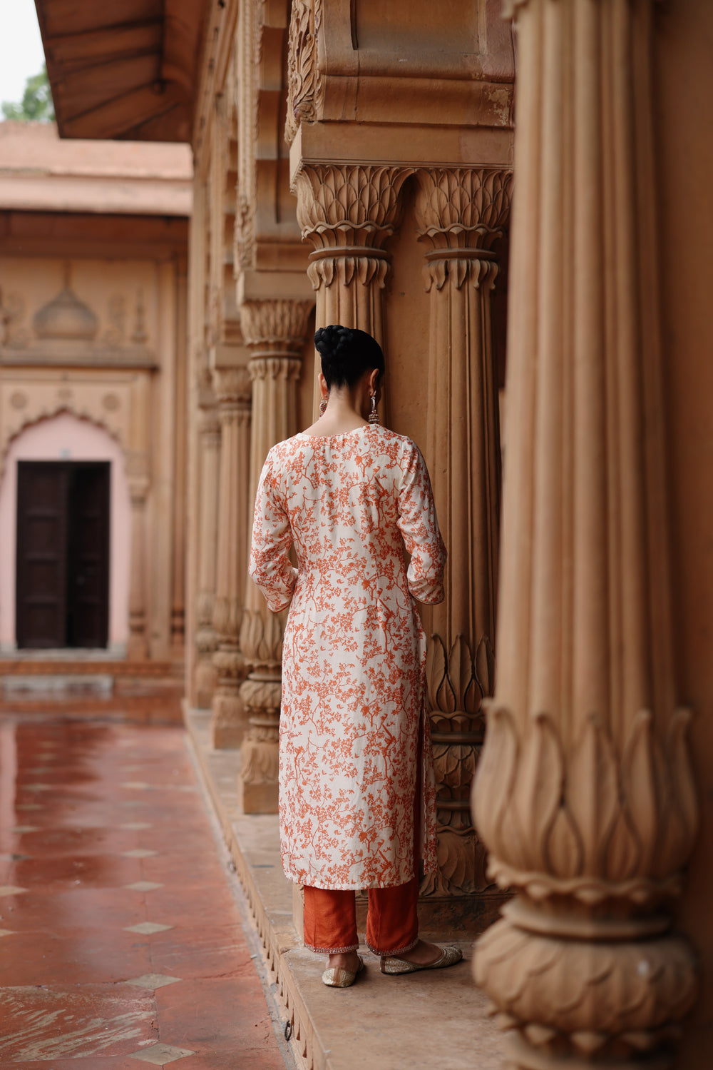 Cream Orange Printed And Hand Embroidered Kurta Set