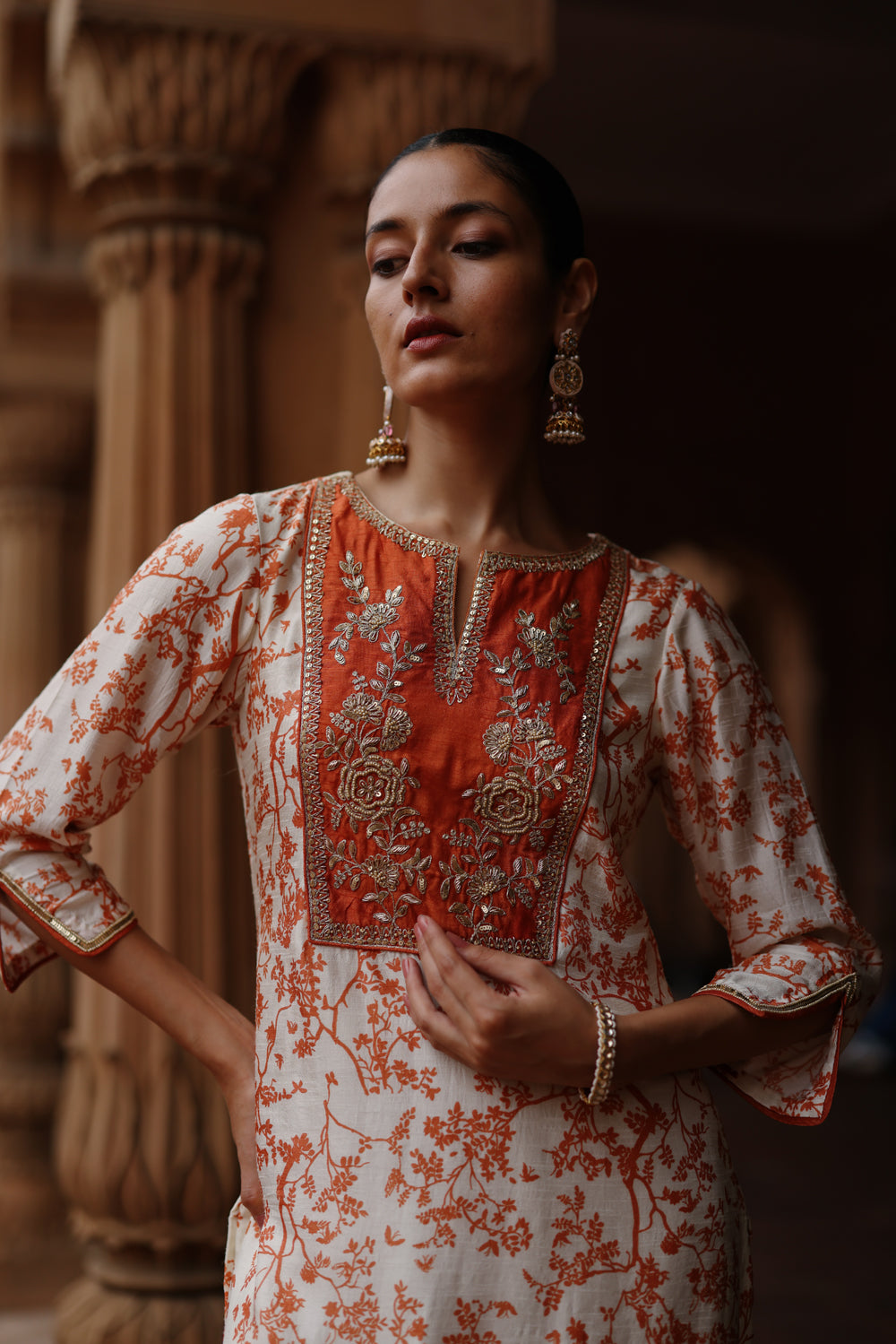 Cream Orange Printed And Hand Embroidered Kurta Set