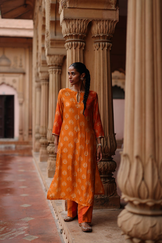 Orange Printed And Embroidered Kurta Set