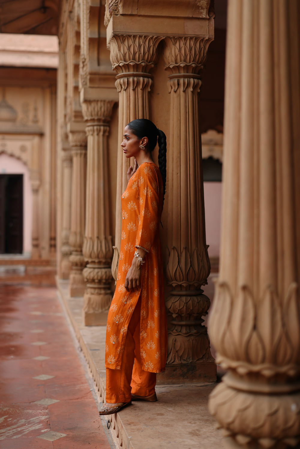 Orange Printed And Embroidered Kurta Set