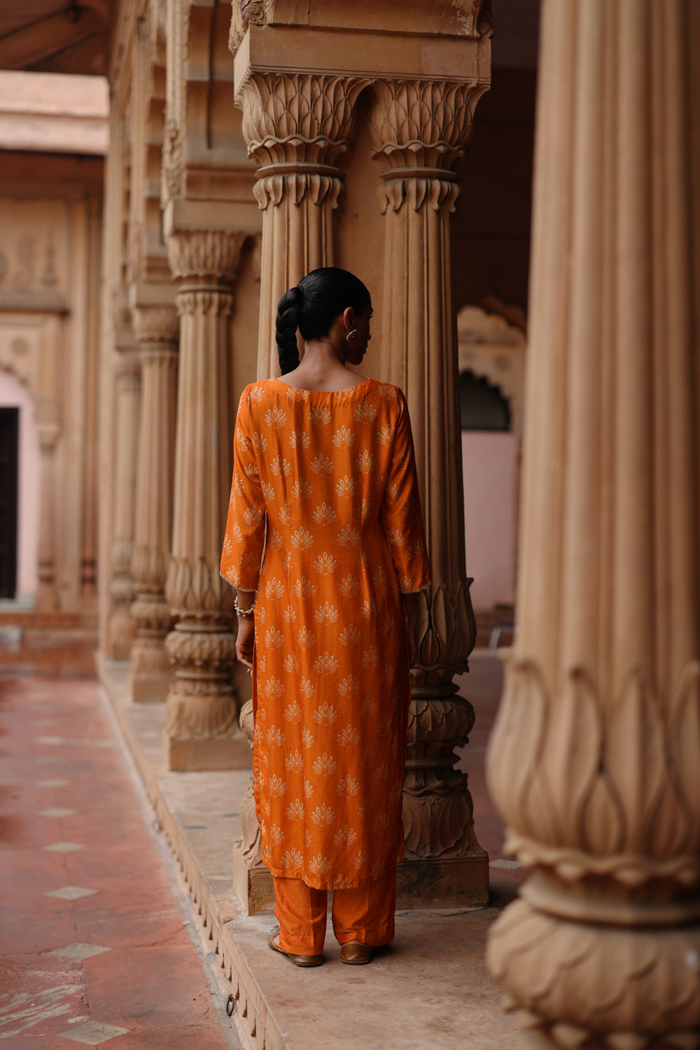 Orange Printed And Embroidered Kurta Set