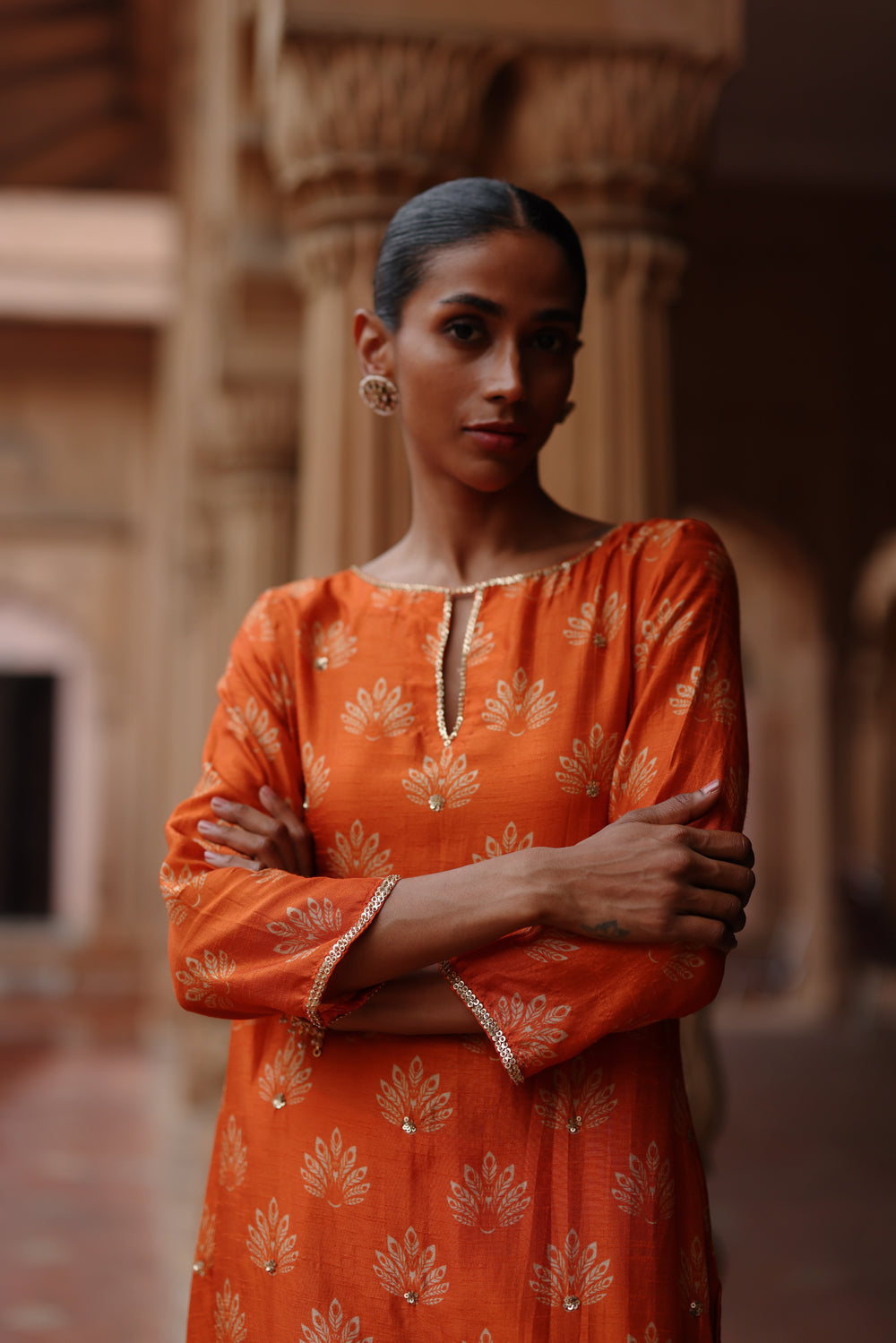 Orange Printed And Embroidered Kurta Set