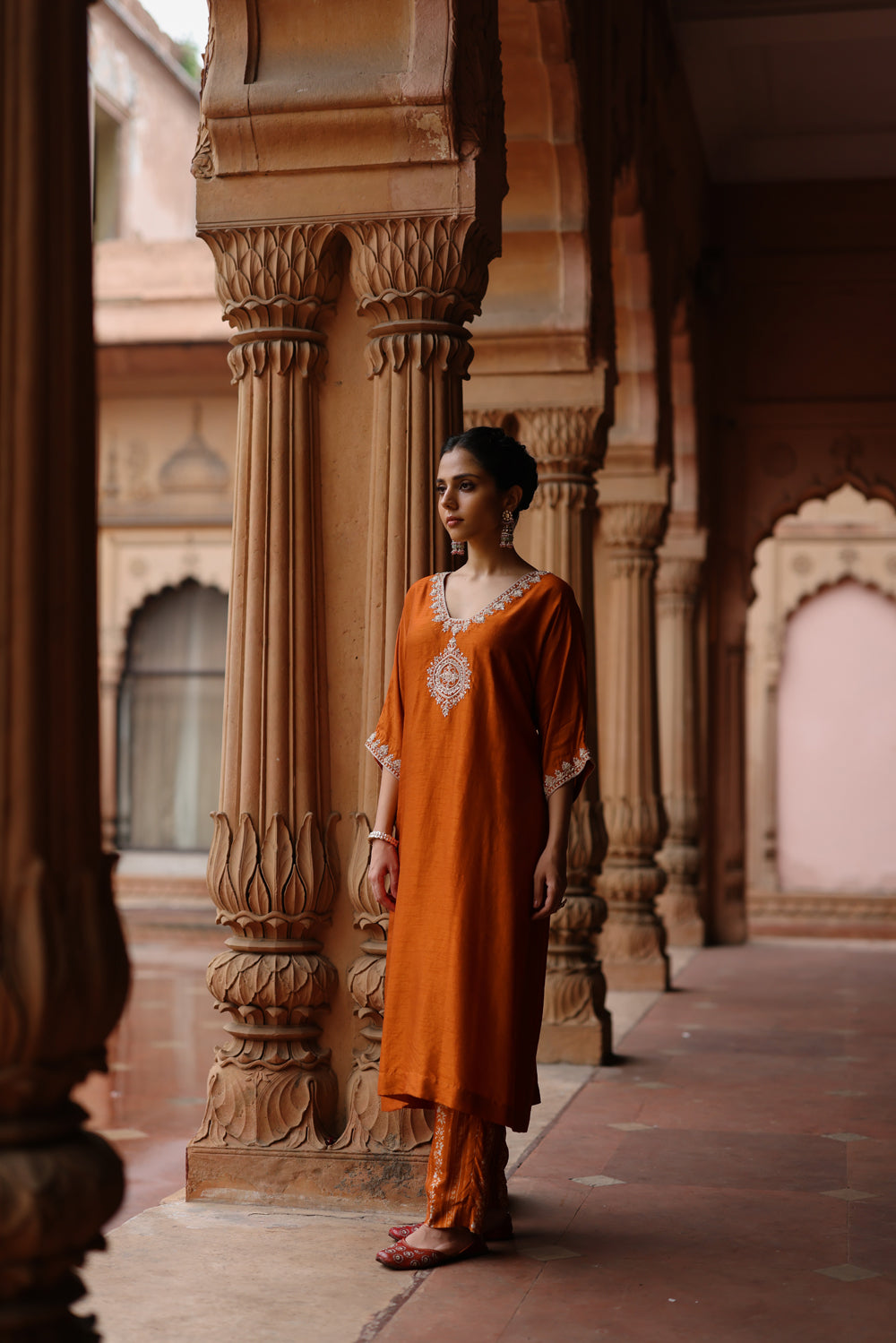 Orange Printed And Hand Embroidered Kurta Set