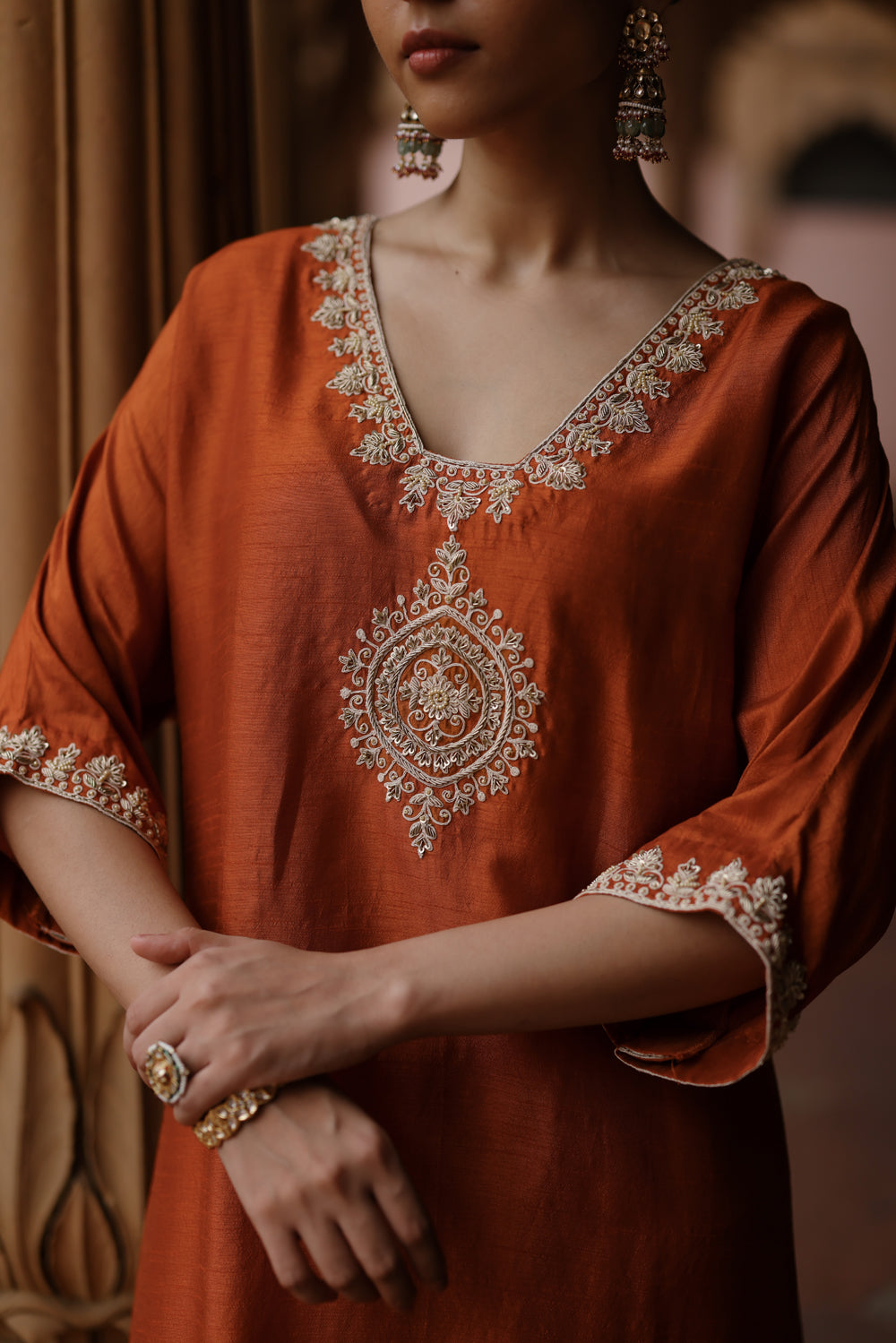 Orange Printed And Hand Embroidered Kurta Set