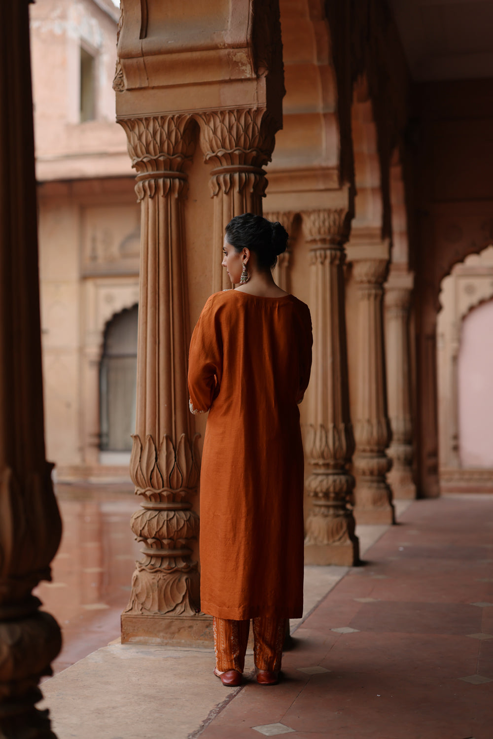 Orange Printed And Hand Embroidered Kurta Set