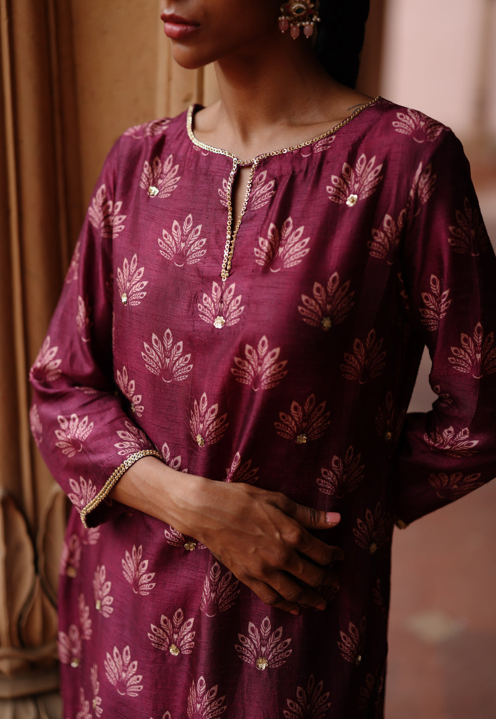 Wine Printed and Embroidered Kurta Set