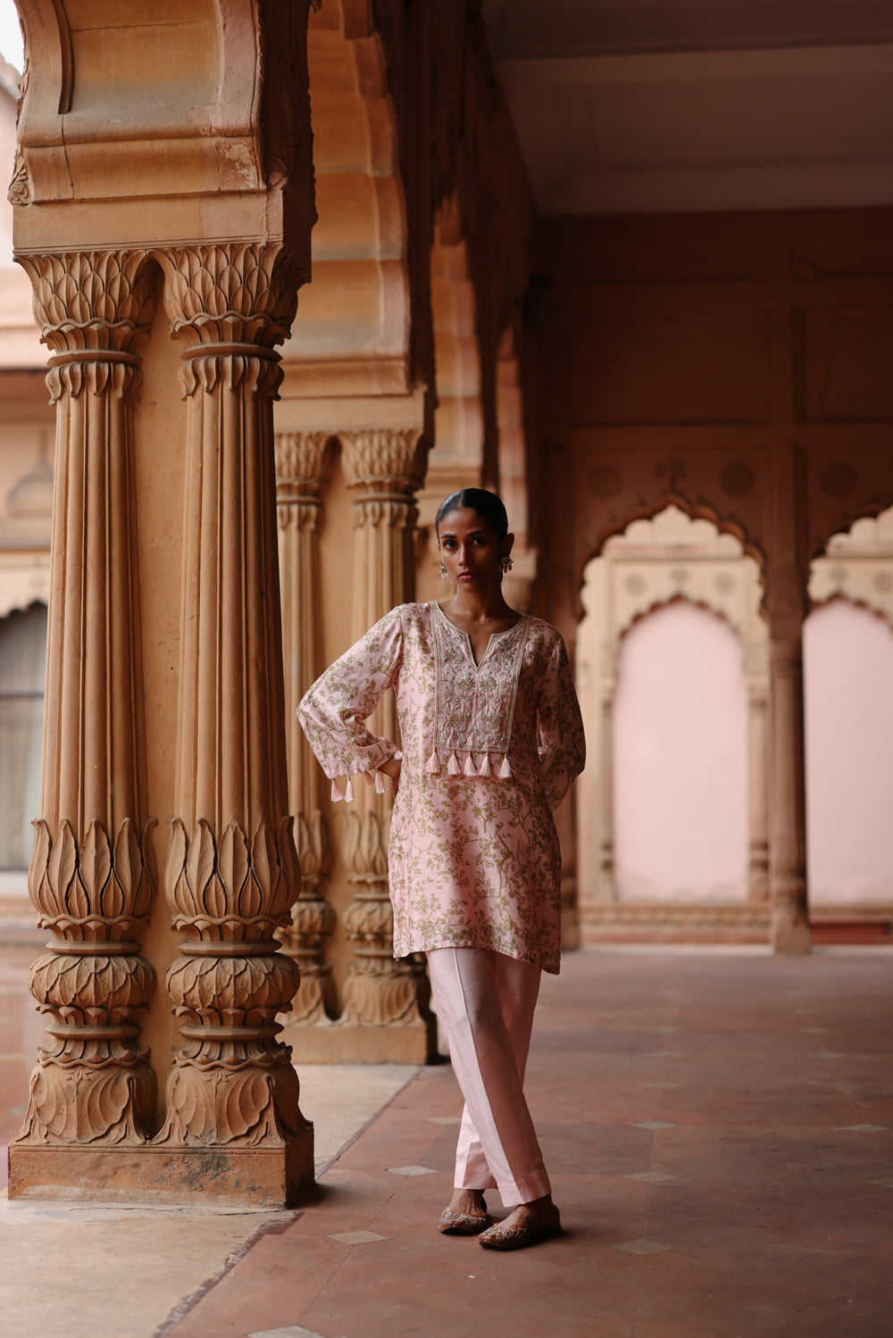 Pink Printed And Embroidered Short Kurta Set