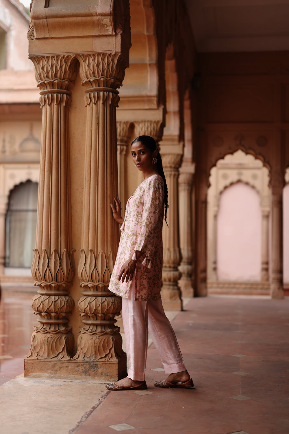 Pink Printed And Embroidered Short Kurta Set