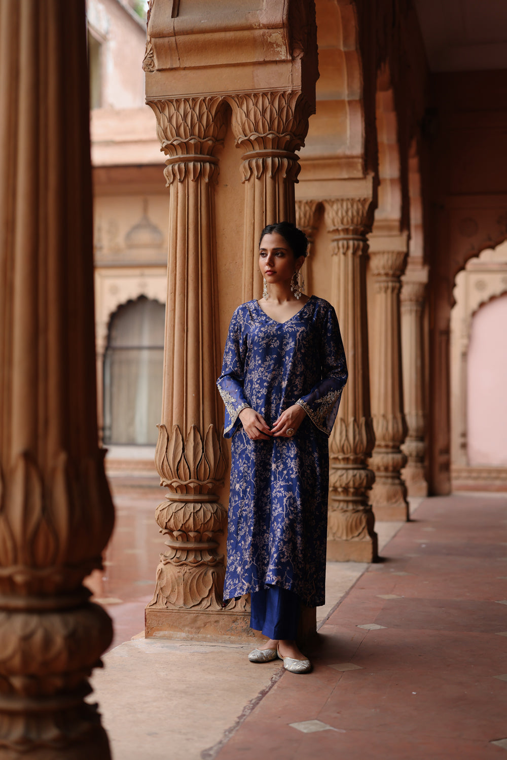 Blue Printed And Hand Embroidered Kurta Set