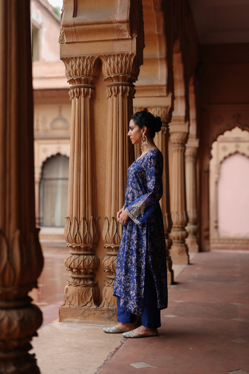 Blue Printed And Hand Embroidered Kurta Set