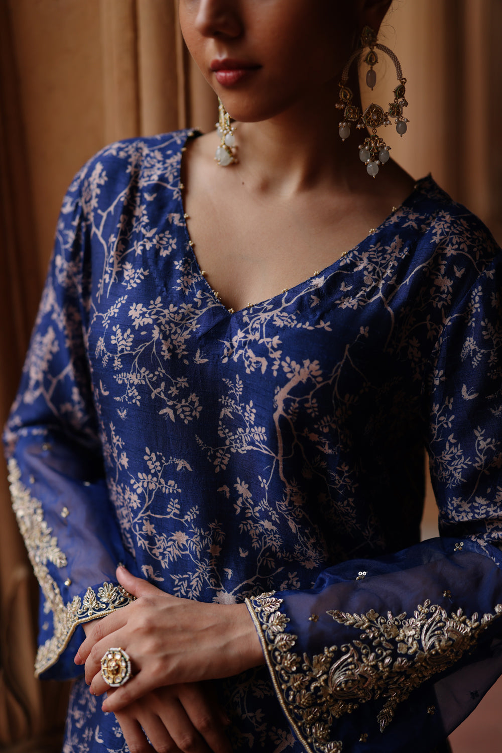 Blue Printed And Hand Embroidered Kurta Set