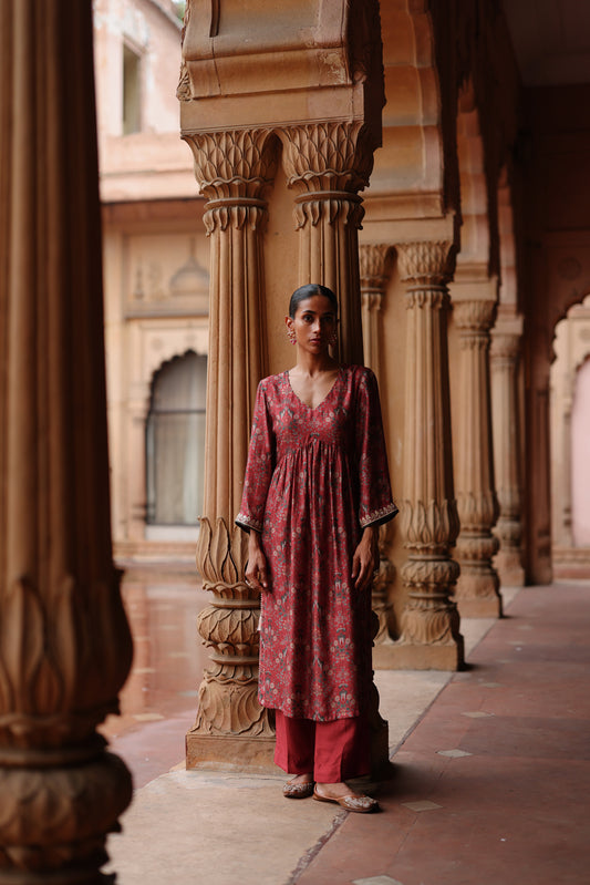 Red Printed And Hand Embroidered  Kurta Set