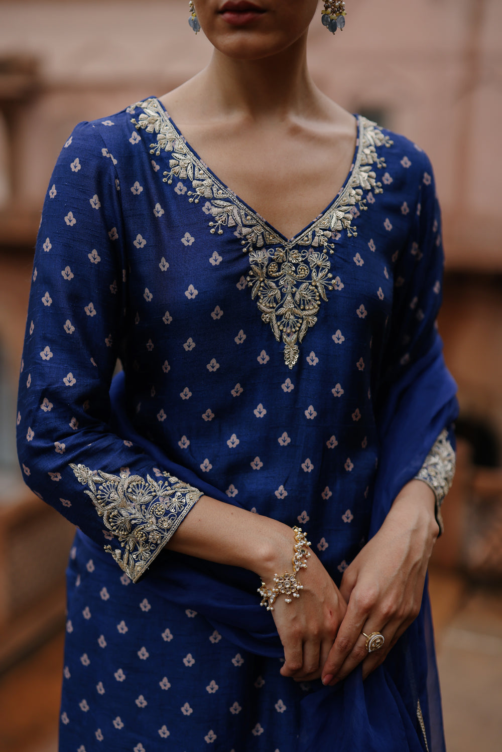 Blue Printed And Embroiderd Sharara Set