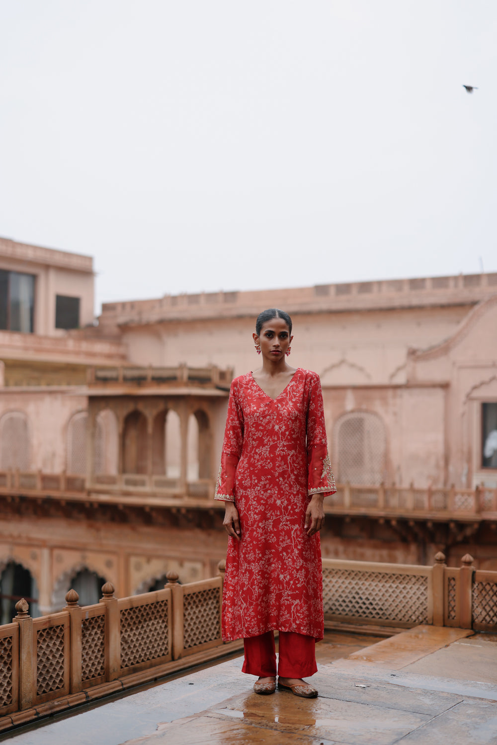 Red Printed And Hand Embroidered Kurta Set