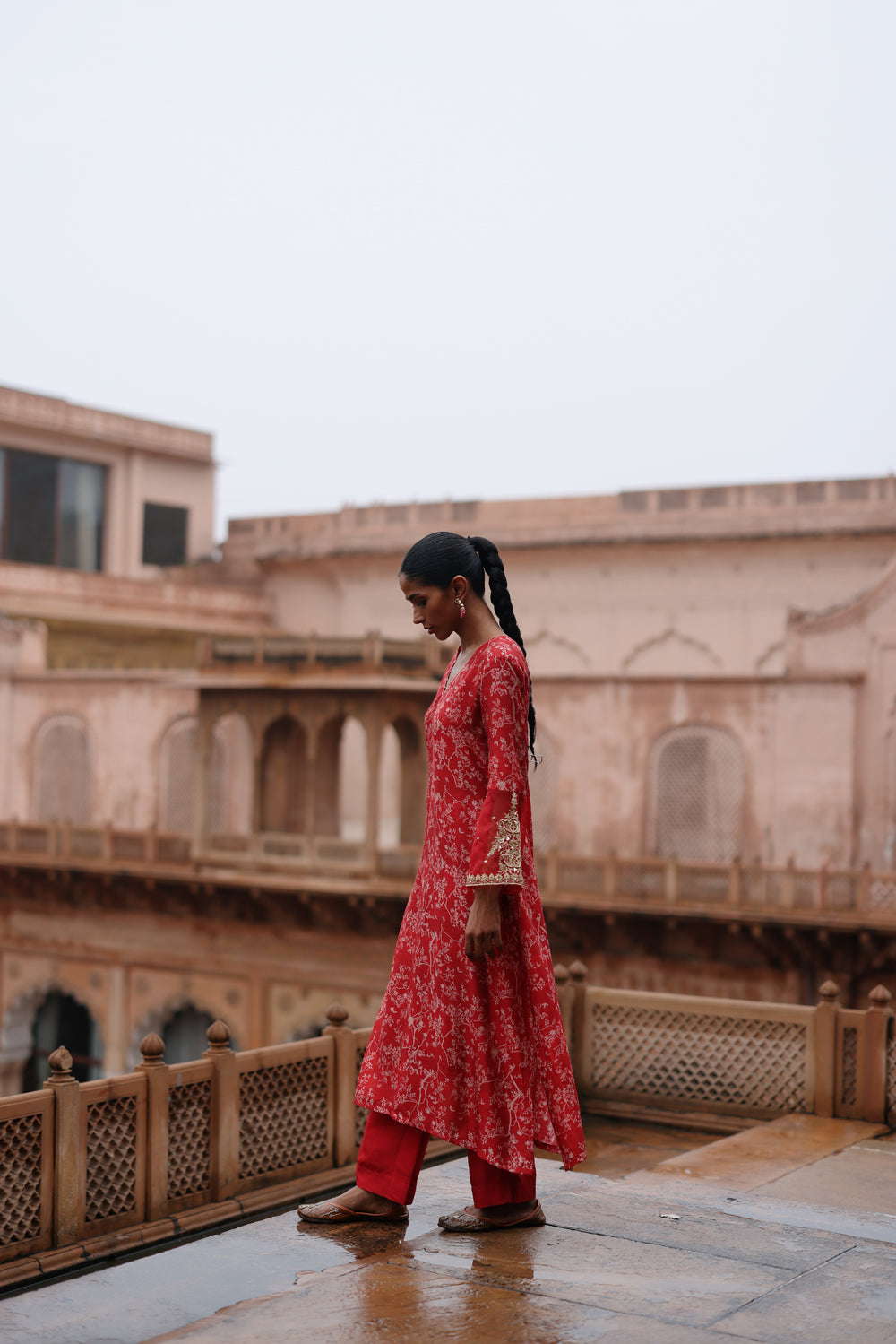 Red Printed And Hand Embroidered Kurta Set