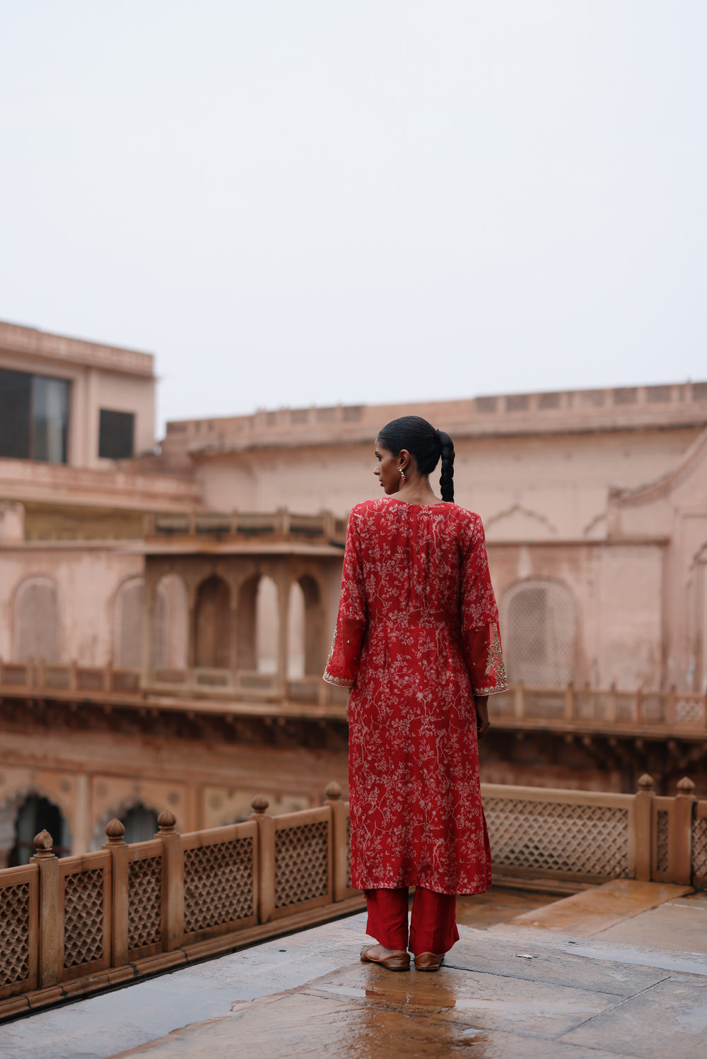 Red Printed And Hand Embroidered Kurta Set