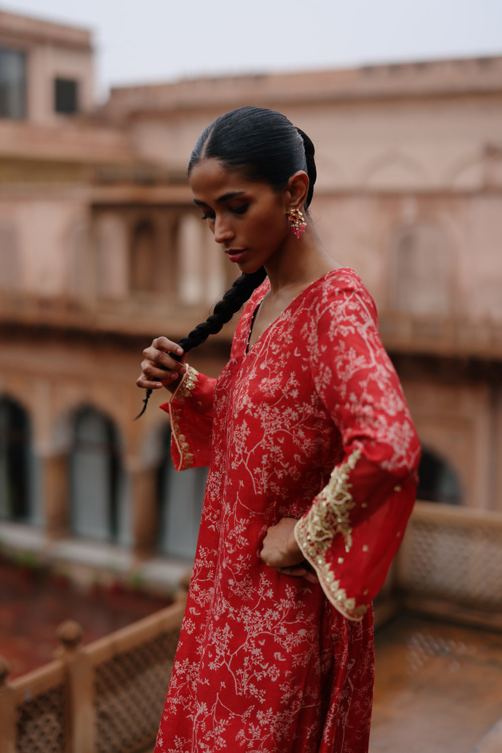 Red Printed And Hand Embroidered Kurta Set