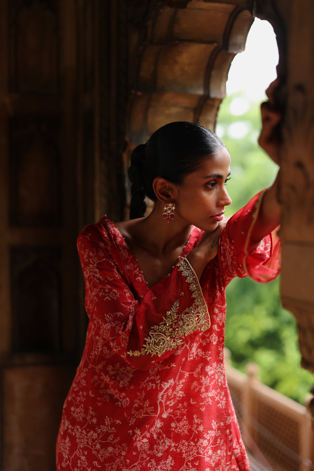 Red Printed And Hand Embroidered Kurta Set