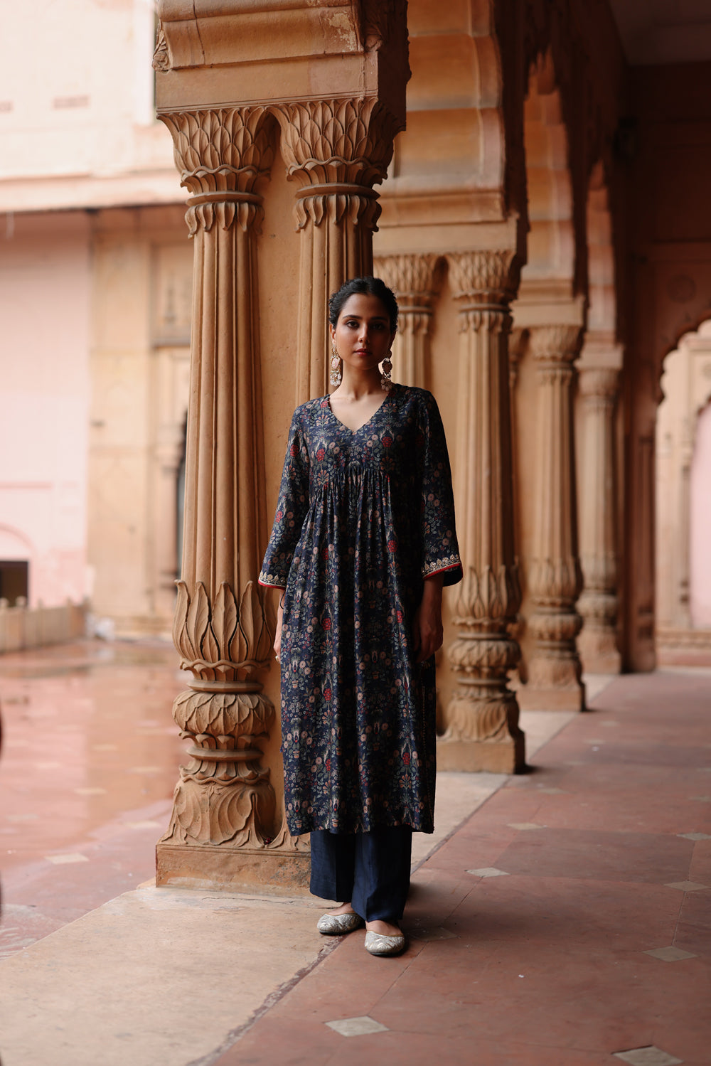 Blue Printed And Hand Embroidered  Kurta Set