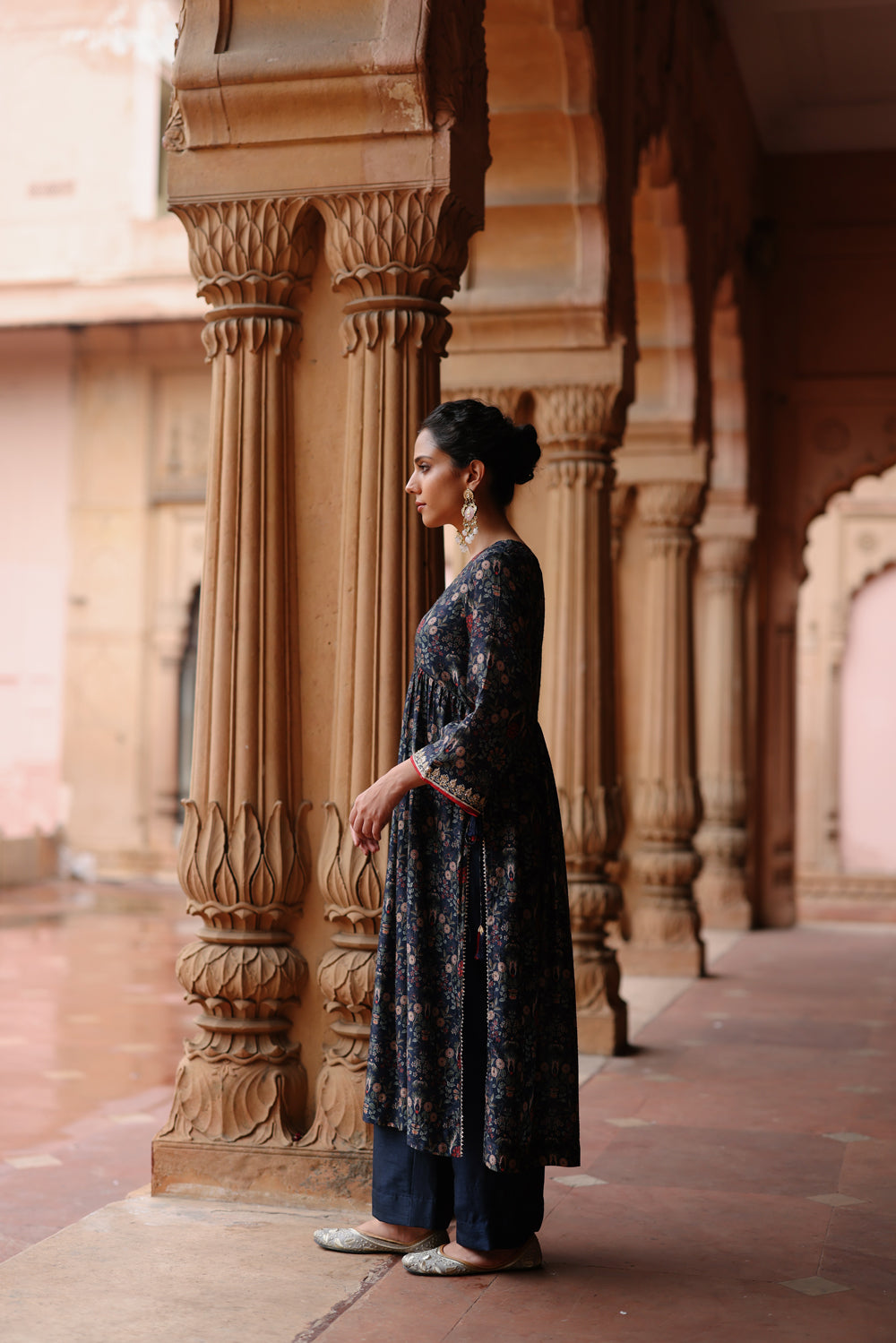 Blue Printed And Hand Embroidered  Kurta Set