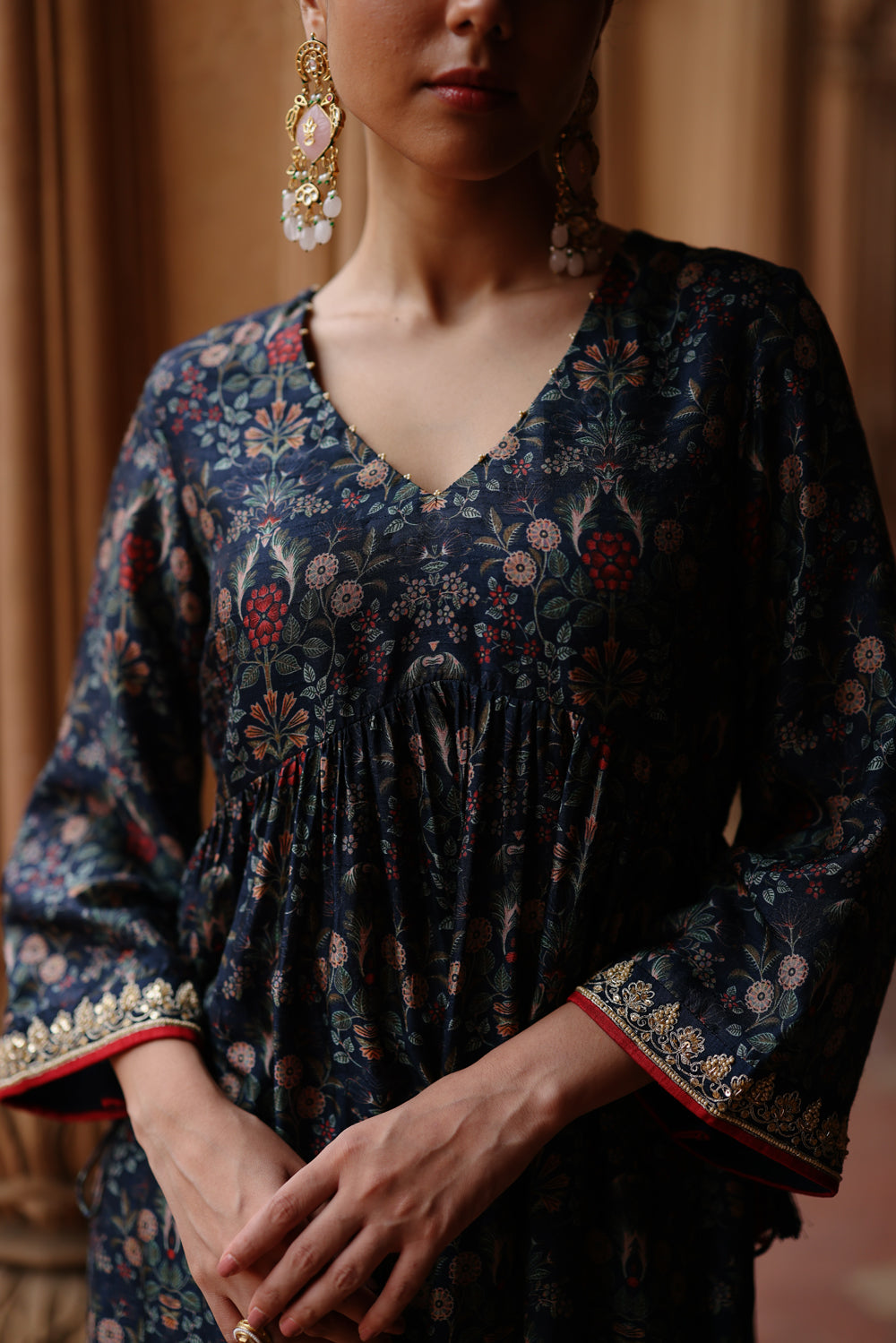 Blue Printed And Hand Embroidered  Kurta Set