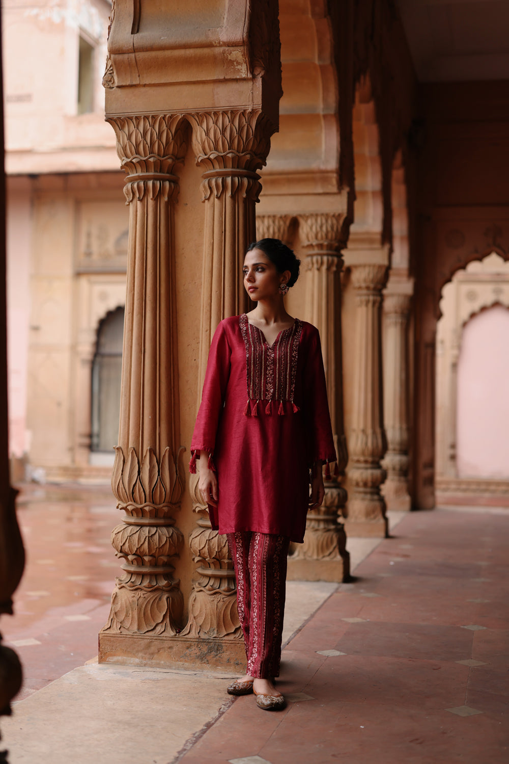 Deep Magenta Printed and Embroidered Short Kurta Set