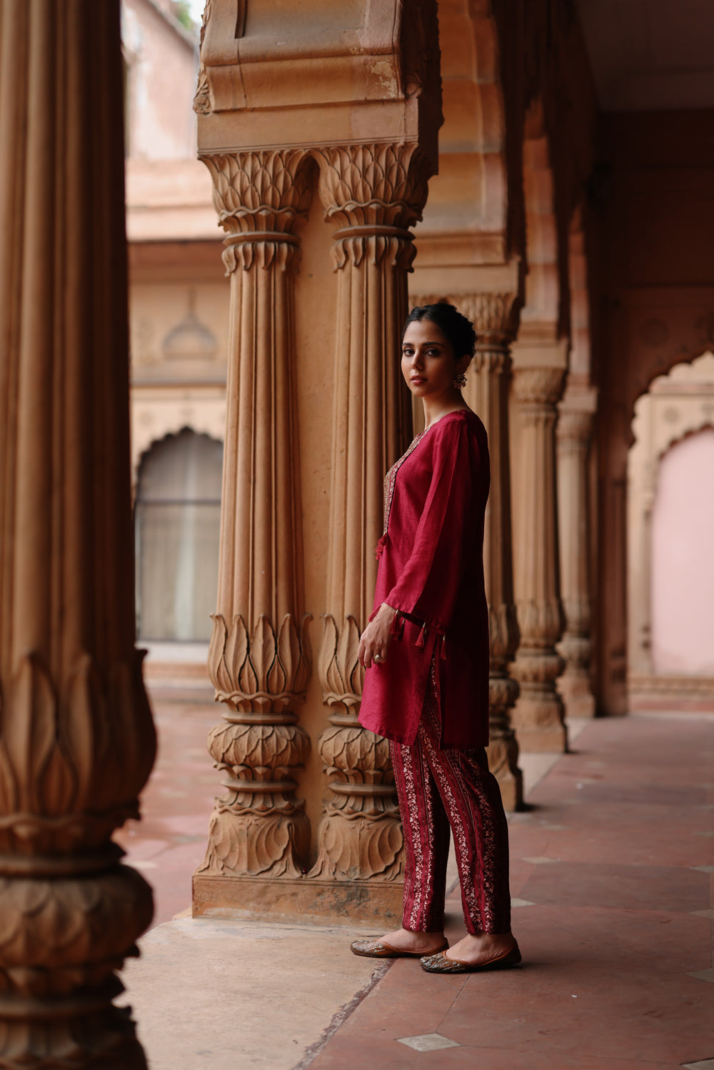 Deep Magenta Printed and Embroidered Short Kurta Set