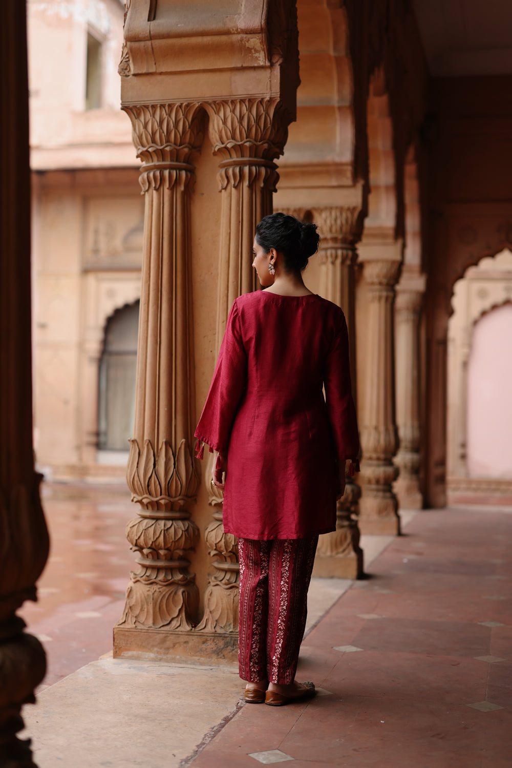 Deep Magenta Printed and Embroidered Short Kurta Set