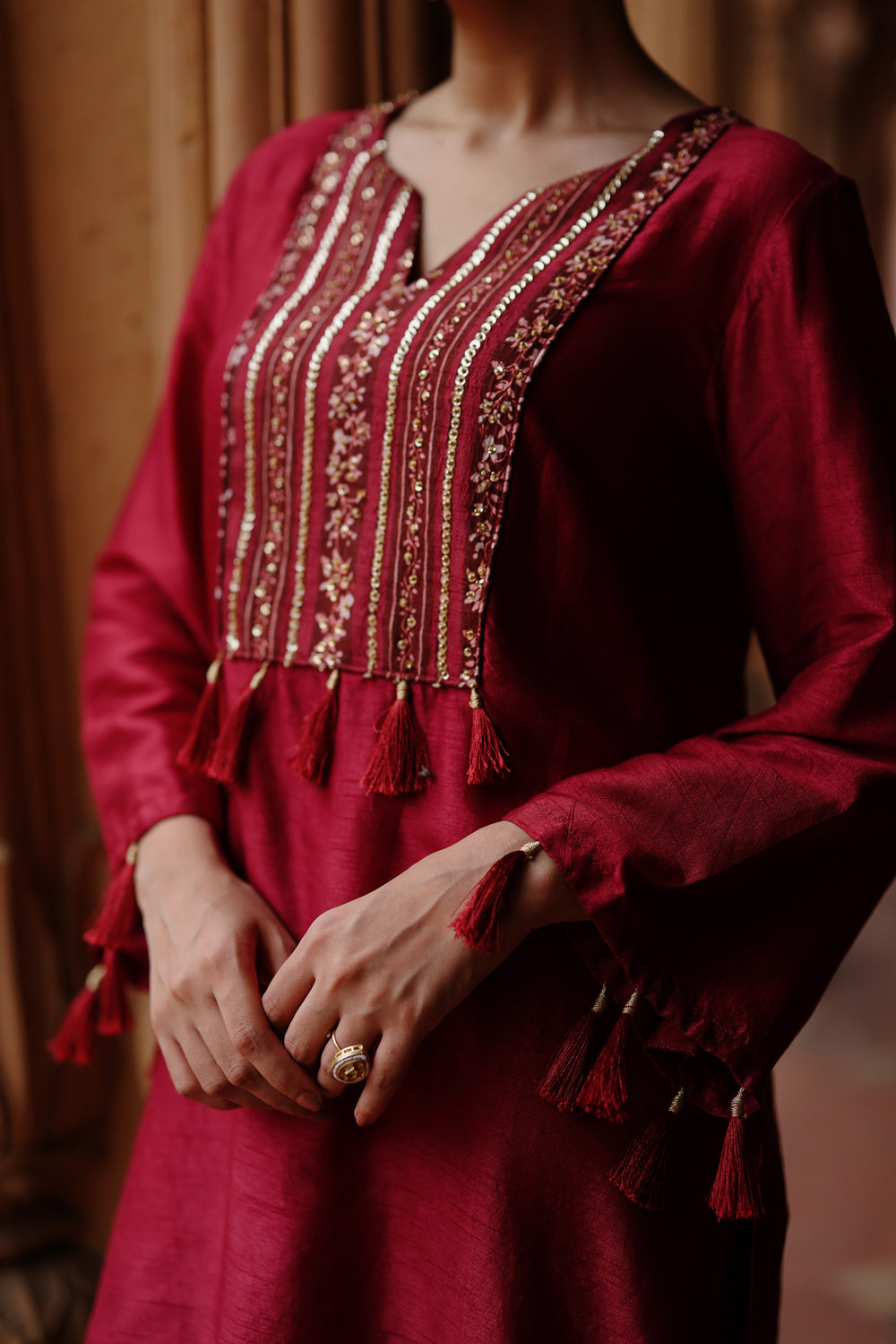 Deep Magenta Printed and Embroidered Short Kurta Set