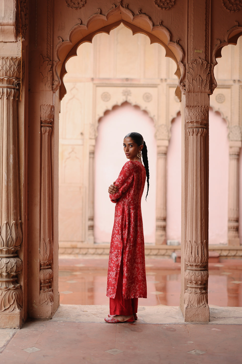 Red Printed And Hand Embroidered Kurta Set