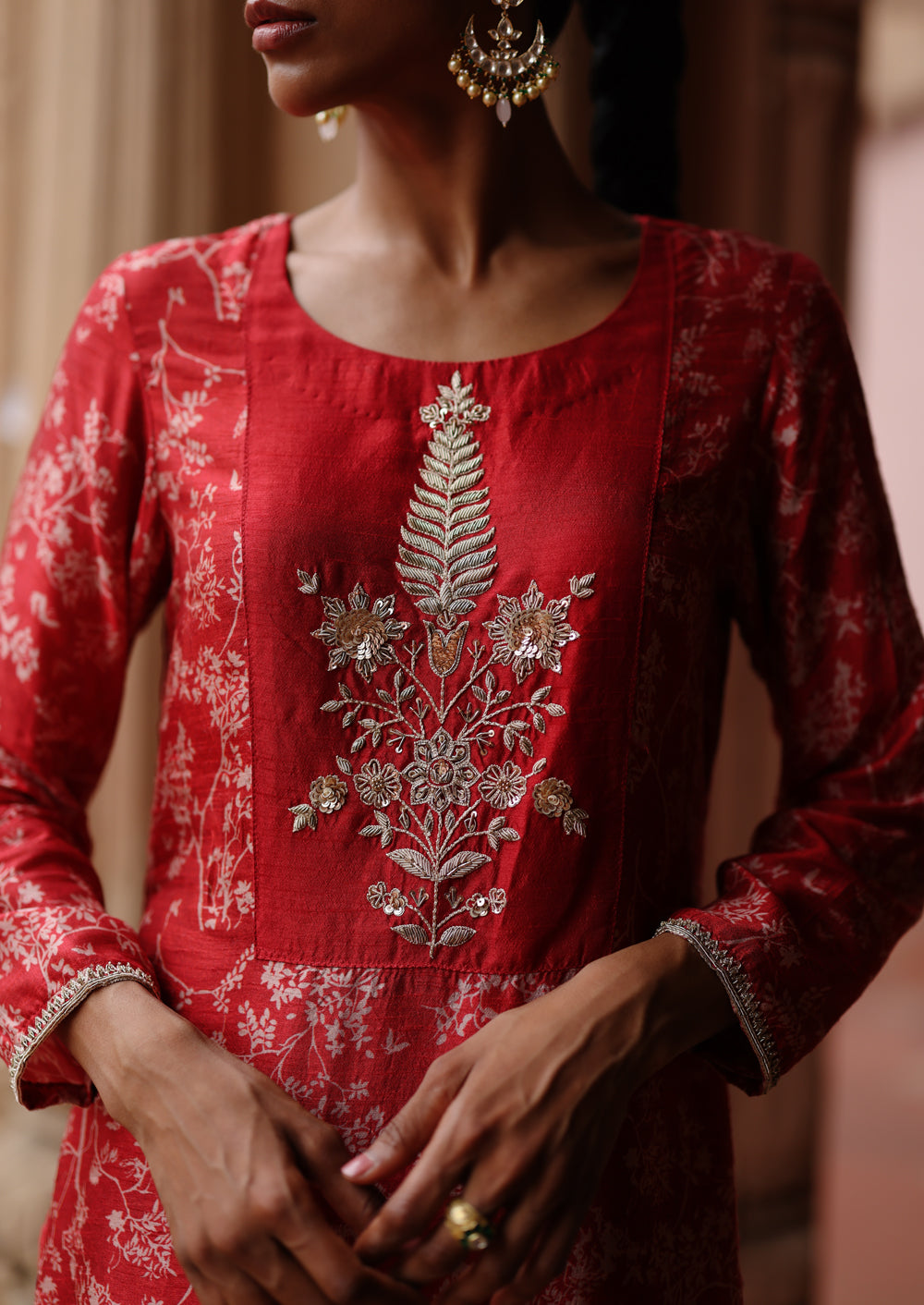 Red Printed And Hand Embroidered Kurta Set