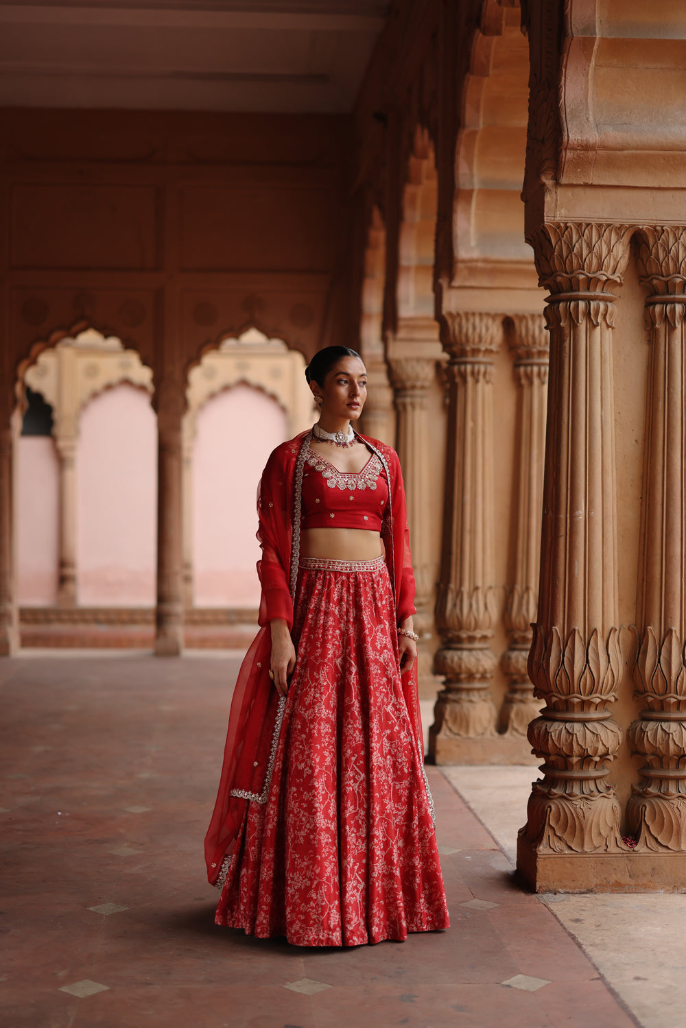 Red  Embroidered And Printed Lehenga Set