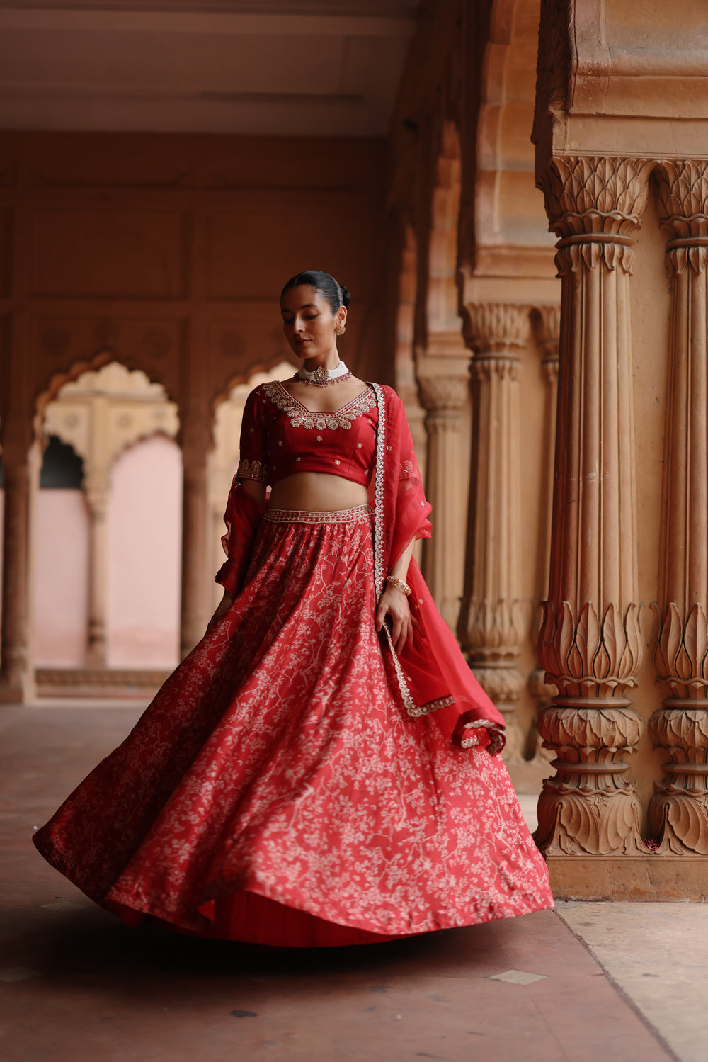 Red  Embroidered And Printed Lehenga Set