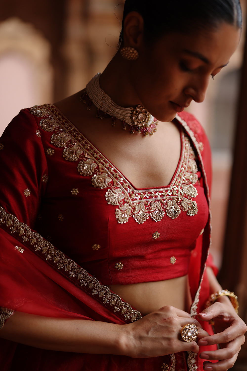 Red  Embroidered And Printed Lehenga Set