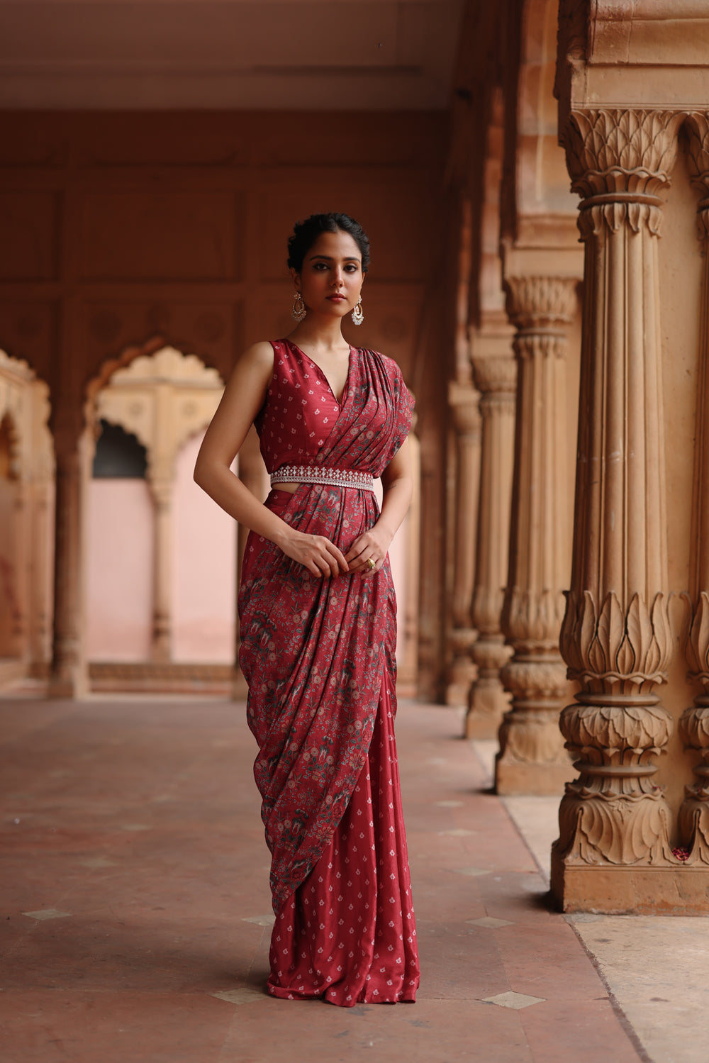 Red Printed Pre Stitched Saree Set