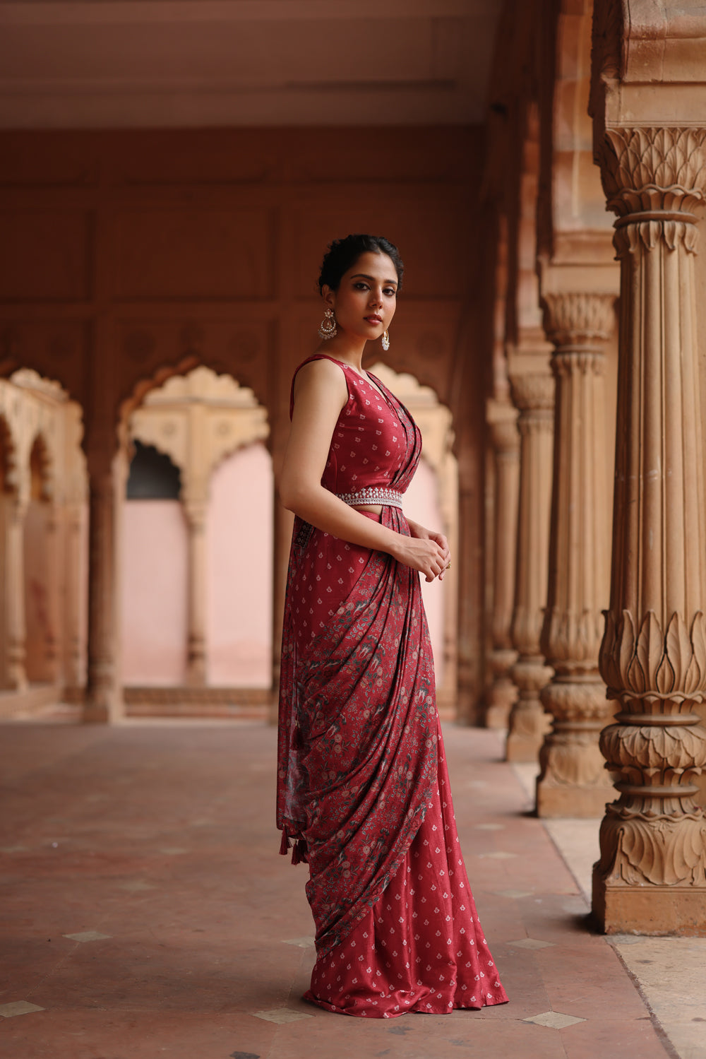 Red Printed Pre Stitched Saree Set