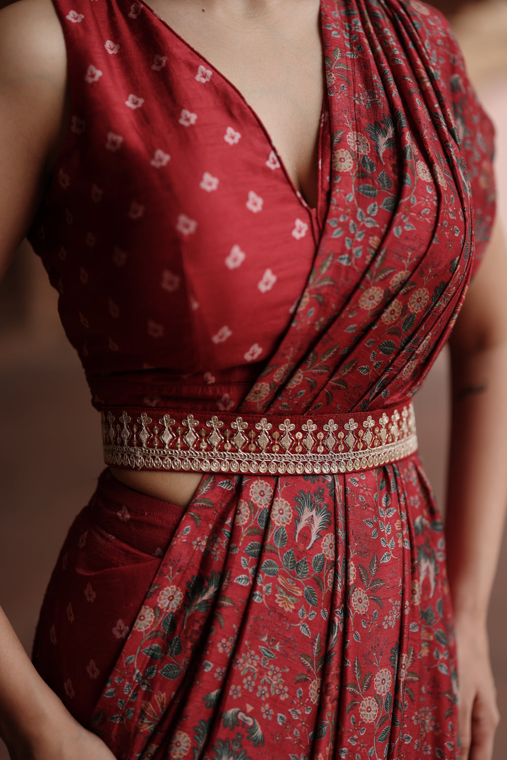 Red Printed Pre Stitched Saree Set