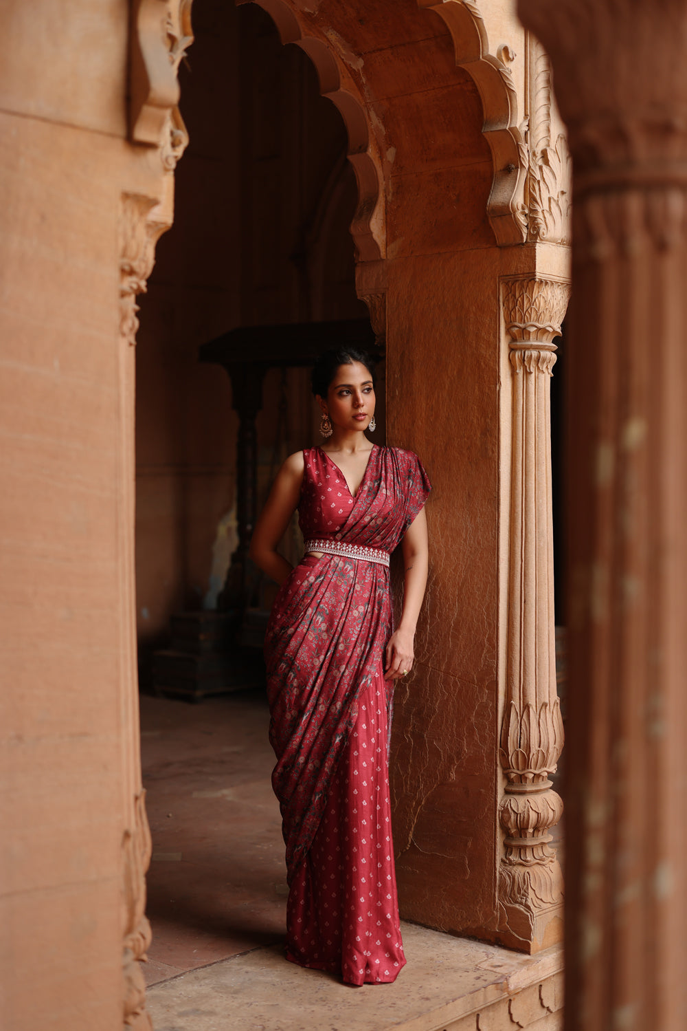 Red Printed Pre Stitched Saree Set