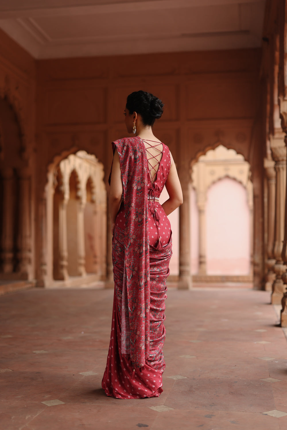 Red Printed Pre Stitched Saree Set