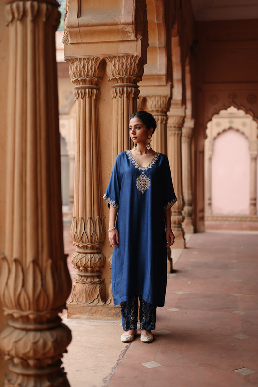 Blue Printed And Hand Embroidered Kurta Set