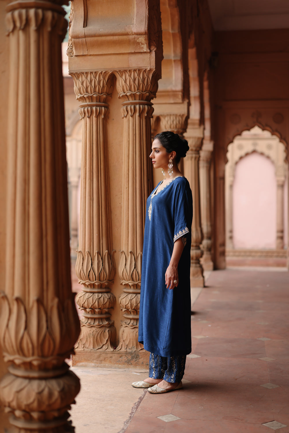 Blue Printed And Hand Embroidered Kurta Set