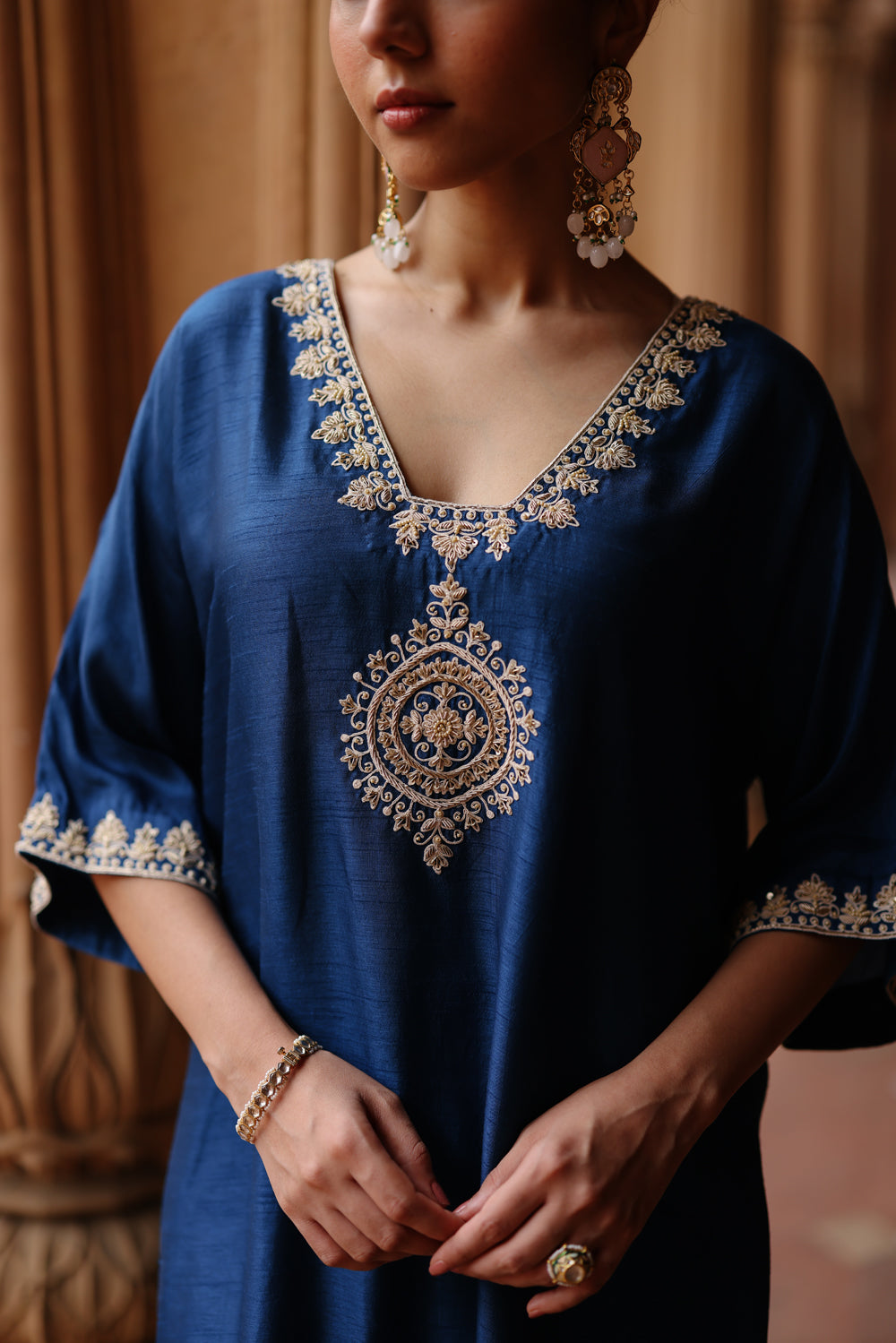 Blue Printed And Hand Embroidered Kurta Set