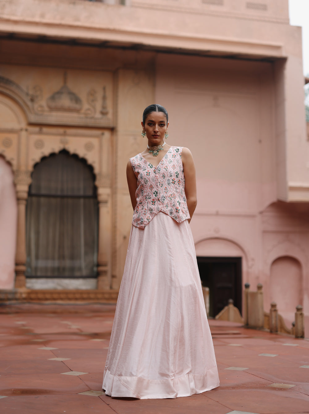 Pink Printed Waistcoat And Skirt Set