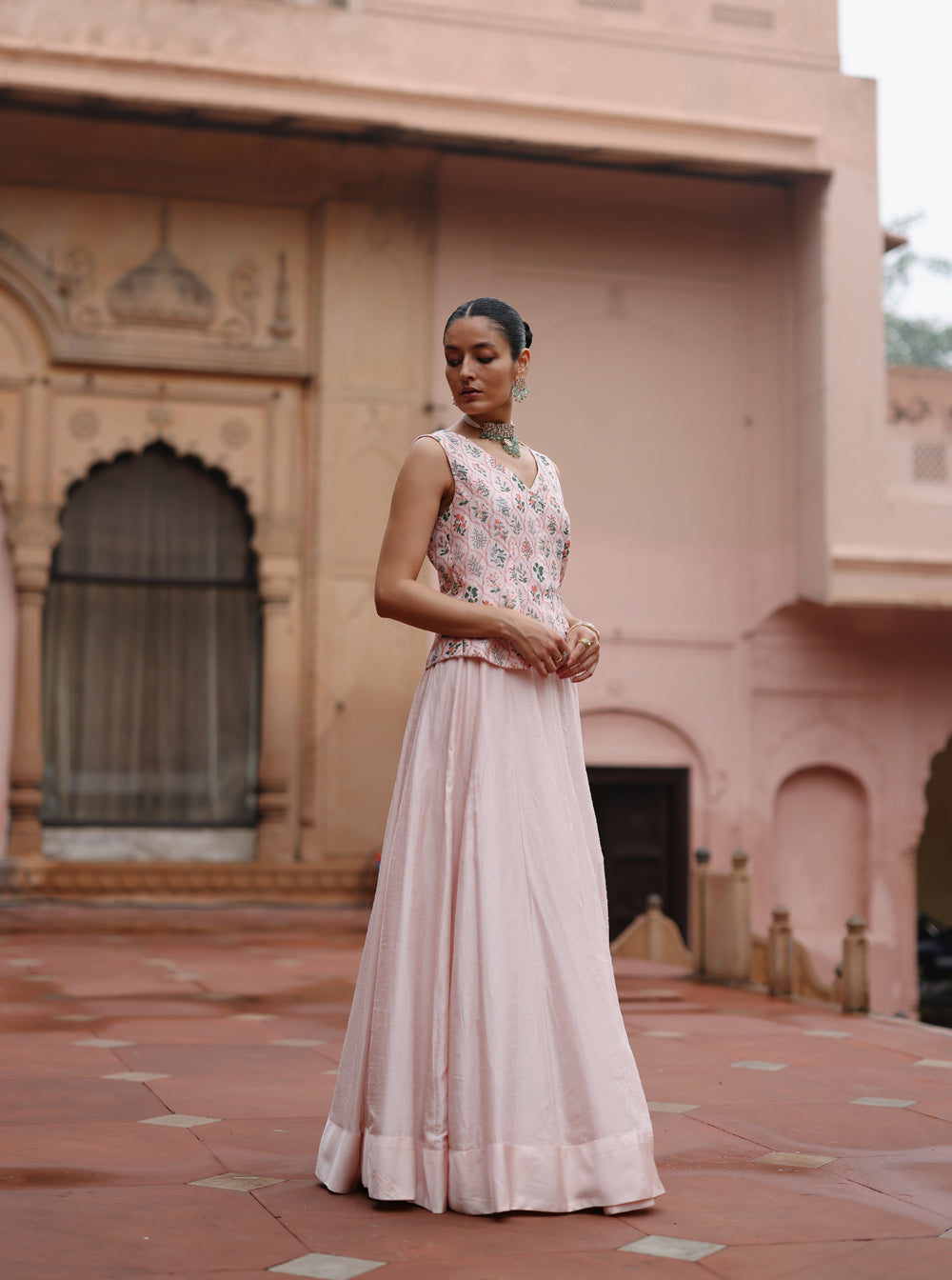 Pink Printed Waistcoat And Skirt Set