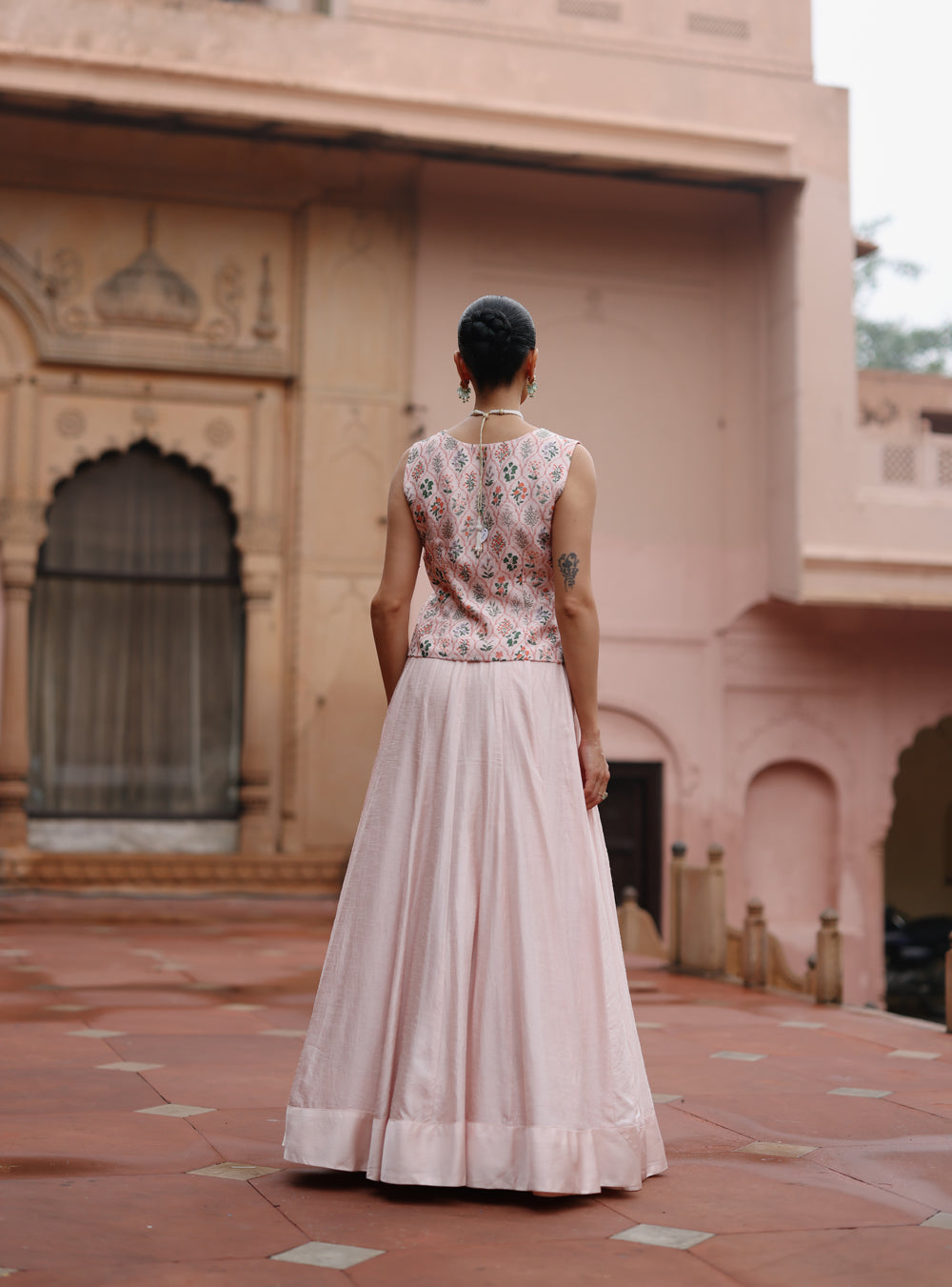 Pink Printed Waistcoat And Skirt Set