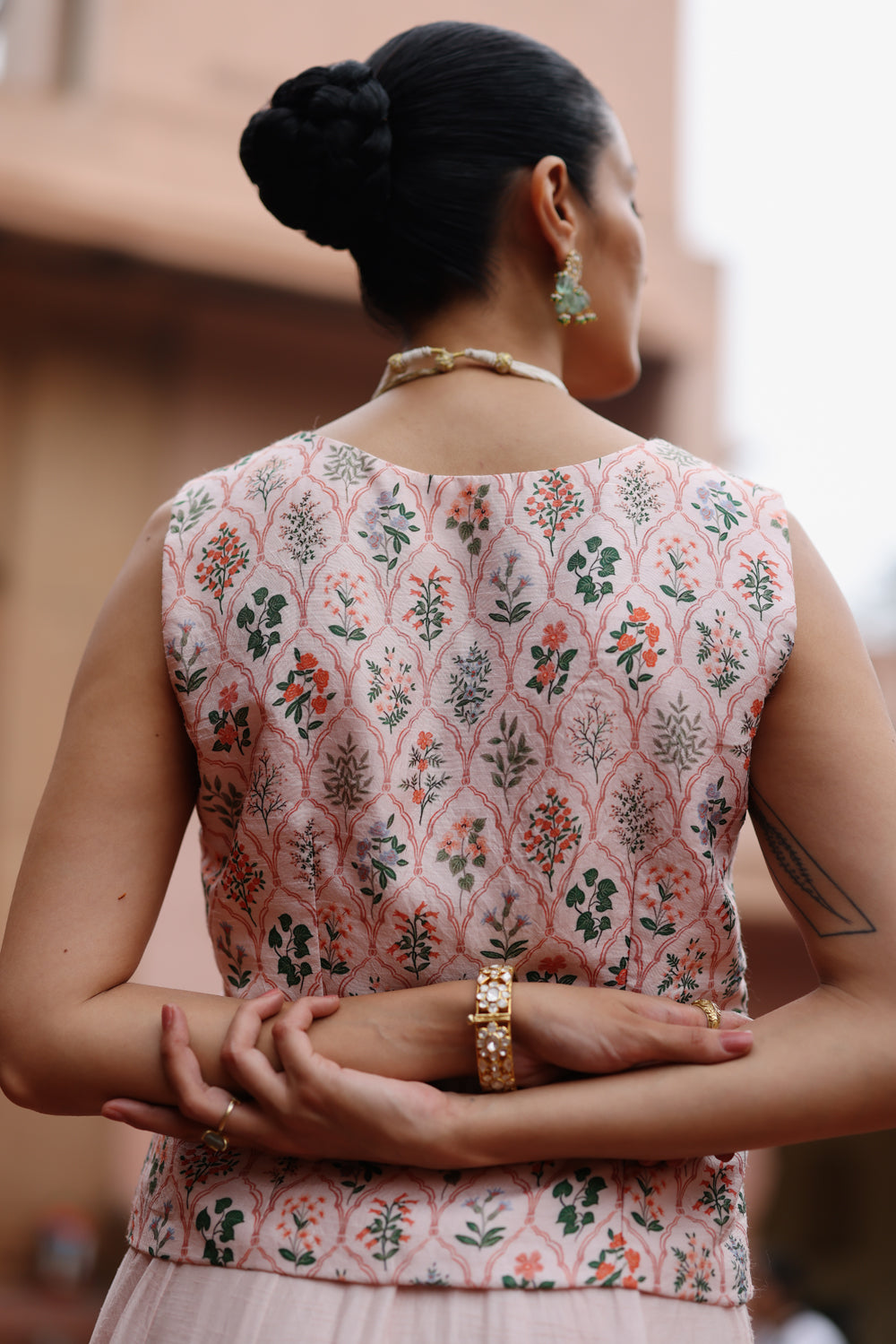 Pink Printed Waistcoat And Skirt Set