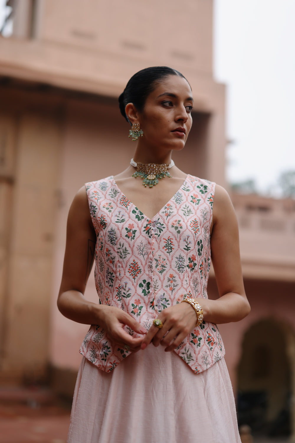 Pink Printed Waistcoat And Skirt Set